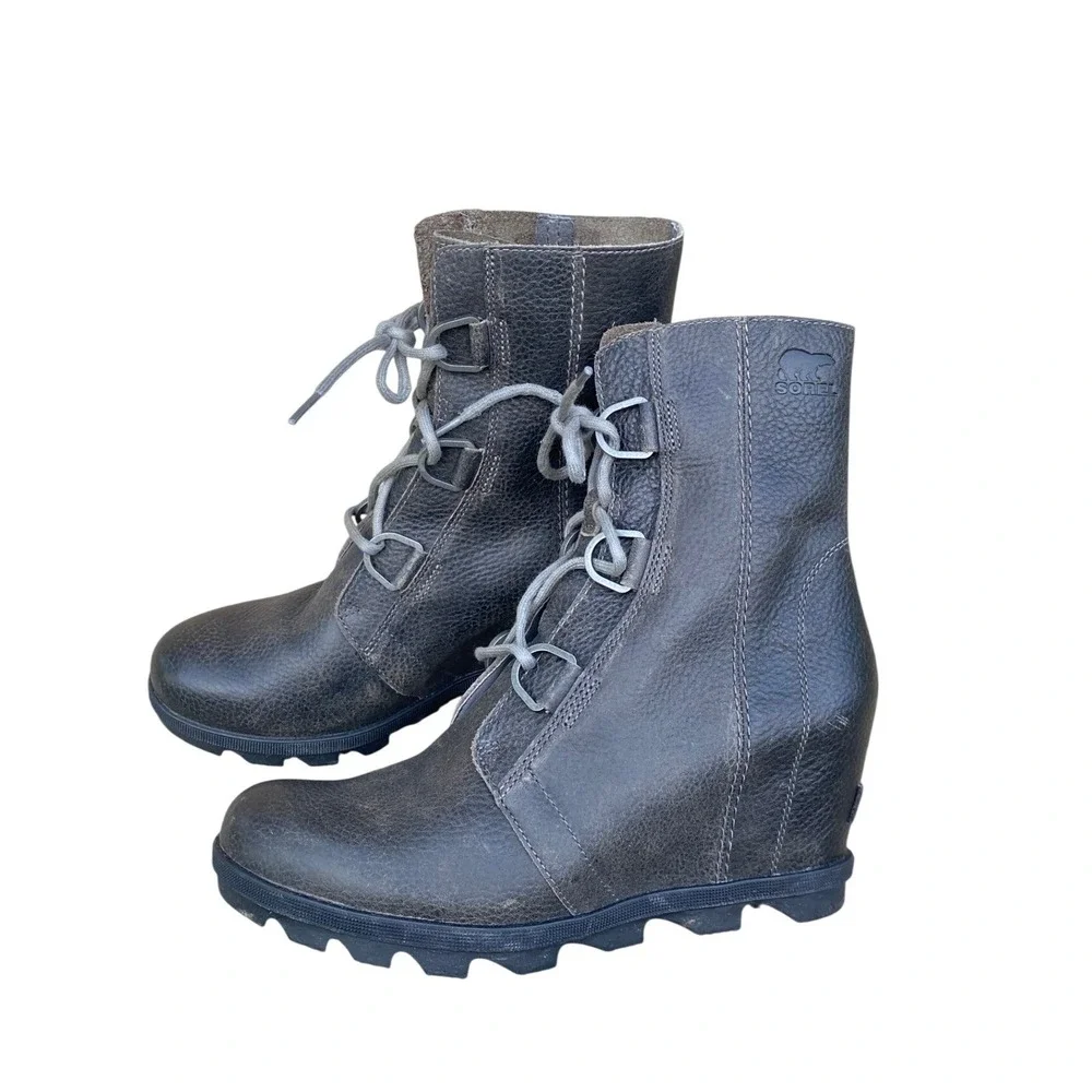 Sorel Joan Of Arctic Wedge Ankle Boots 9.5 Gray Leather Lace Up‎ Gorpcore Combat